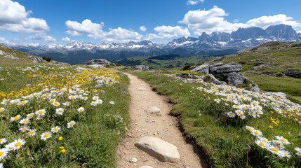scenic mountain trail surrounded by vibrant wildflowers and stunning peaks