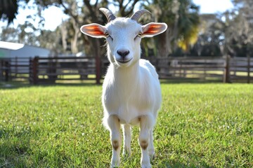 Fototapeta premium Adorable white goat kid stands in a grassy field. Perfect for farm, agriculture, or animal themes.
