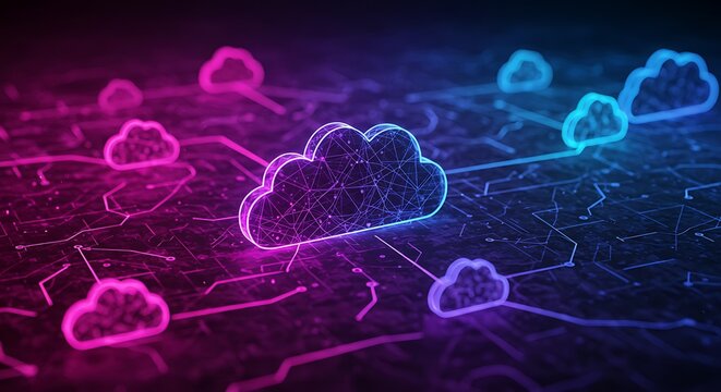 Futuristic Cloud Computing Infrastructure with Digital Nodes and Data Servers, Representing Advanced Internet Technology and Virtual Storage Solutions