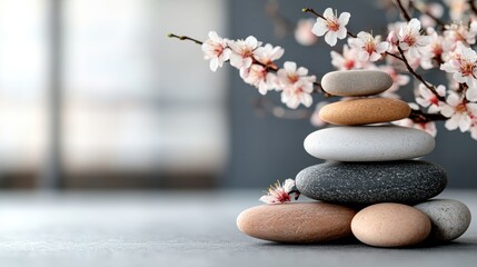 A serene composition featuring stacked stones with delicate cherry blossoms, symbolizing balance and tranquility.