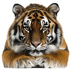 Obraz premium Majestic tiger portrait, wildlife, intense gaze, white background, ideal for wildlife documentaries