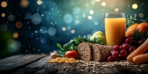 Healthy food on wooden table with juice.
