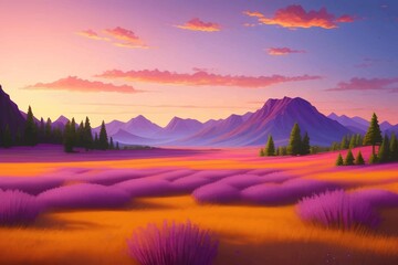 Fototapeta premium Beautiful and Peaceful Nature Scenery Illustration Landscape Countryside Tranquil Vibrant and Colorful