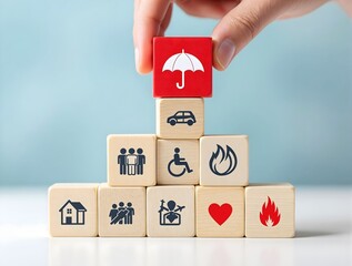 Hand holding umbrella wood block cover Insurance icon. life, healthcare medical, car, home, travel insurance concept