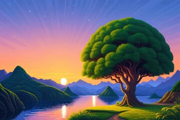 Beautiful and Peaceful Nature Scenery Illustration Landscape Countryside Tranquil Vibrant and Colorful