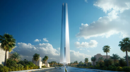 Obraz premium Daytime landscapes of the Kingdom of Saudi Arabia, highlighting the Riyadh Tower (Kingdom Tower) and the Riyadh skyline during the day 