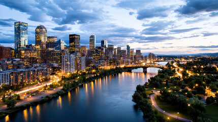 Obraz premium stunning city skyline at dusk, showcasing vibrant lights and reflections