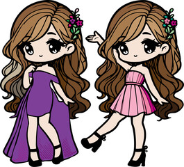 A cute kawaii-style girl with long flowing hair, wearing a long dress. Cartoon comic vector illustration