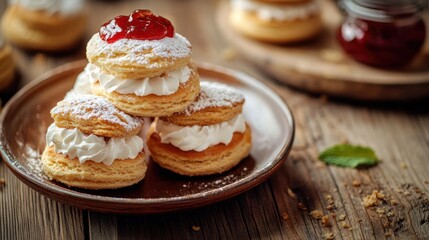 Delicious Homemade Puff Pastry Cream Cakes with Strawberry Jam Topping, a Sweet Treat Perfect for Afternoon Tea