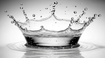 Close-up monochrome shot of a water droplet impacting a surface, creating a crown-shaped splash with ripples.