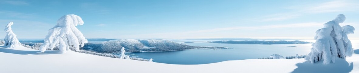 Snow Covered Trees Overlooking a Frozen Lake and Mountain Range