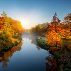 Fototapeta premium 朝の光が差し込む静かな川、色とりどりの木々に囲まれた風景。
