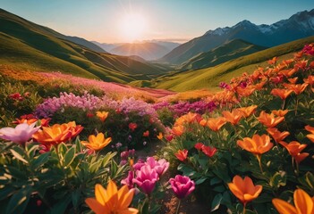 Fototapeta premium Beautiful and Peaceful Nature Scenery Illustration Landscape Countryside Tranquil Vibrant and Colorful