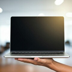 Photography captures a modern workspace featuring a laptop and tablet mock-up with blank screens.