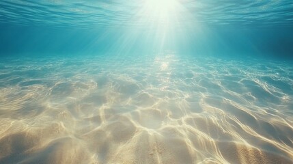Sunlit ocean underwater view with rippling sand and clear blue water