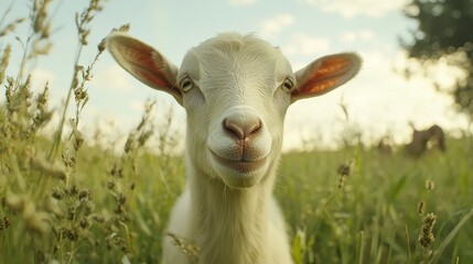 Obraz premium Close-up of a smiling white goat in a field. Perfect for agricultural, livestock, or springtime themes.