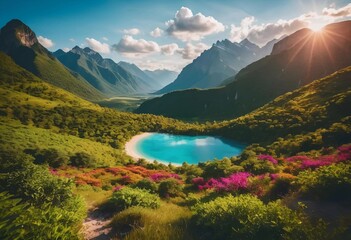 Fototapeta premium Beautiful and Peaceful Nature Scenery Illustration Landscape Countryside Tranquil Vibrant and Colorful