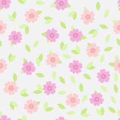 Pink flowers and and green leaves isolated on a pastel white  background. Seamless pattern. Floral background for paper, cover, textile, gift wrap, wallpaper. Flat style.