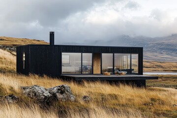 Modern black cabin in remote icelandic landscape with mountains and clouds