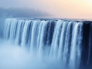 dramatic waterfall cascades down with mist rising, creating serene atmosphere. soft colors of dawn enhance beauty of this natural wonder