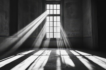 Sunbeams stream through a large window in a dark room, illuminating dust motes. Perfect for illustrating hope, isolation, or spiritual themes.