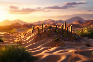 Glowing sunset over desert landscape with cacti and sand dunes