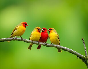 Obraz premium Vibrant yellow and red birds perched on a branch against a soft green background