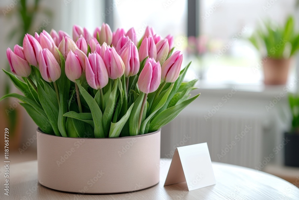 Wall mural Pink tulips in a round vase on a wooden table by a window