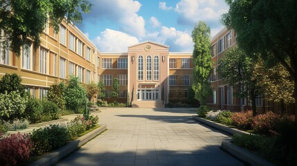 Obraz premium Exterior view of modern school building with clear sky and green lawn, educational architecture