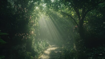 Sunbeams Illuminating a Mystical Forest Path: A Serene Escape into Nature's Embrace