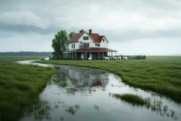 Obraz premium Tranquil farmhouse retreat rural landscape digital art serene environment wide-angle view nature's beauty