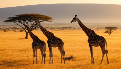 giraffes standing in golden savannah at sunset in africa
