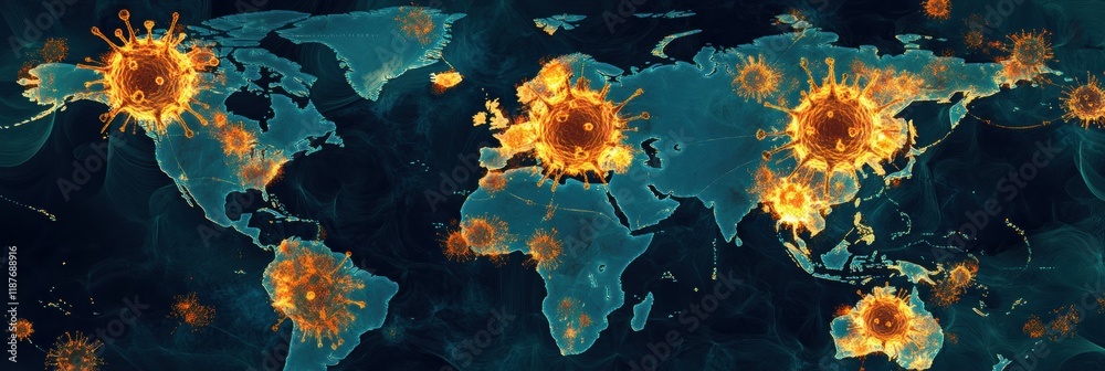 Poster global map highlighting viral spread zones with significant outbreaks and affected regions. generati