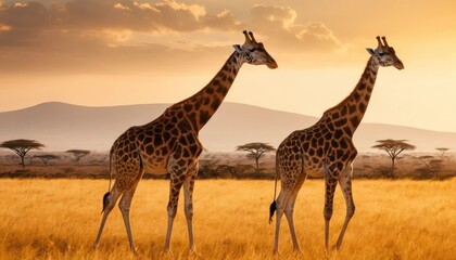Obraz premium giraffes standing in golden savannah at sunset in africa 