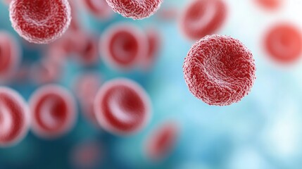 Fototapeta premium Close-up view of red blood cells floating in a fluid environment, showcasing their spherical shape and texture against a blurred background.
