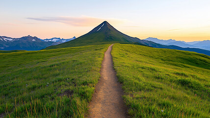 Lush mountain trail leading to radiant peak under colorful sky. serene landscape invites exploration and adventure, showcasing nature beauty and tranquility