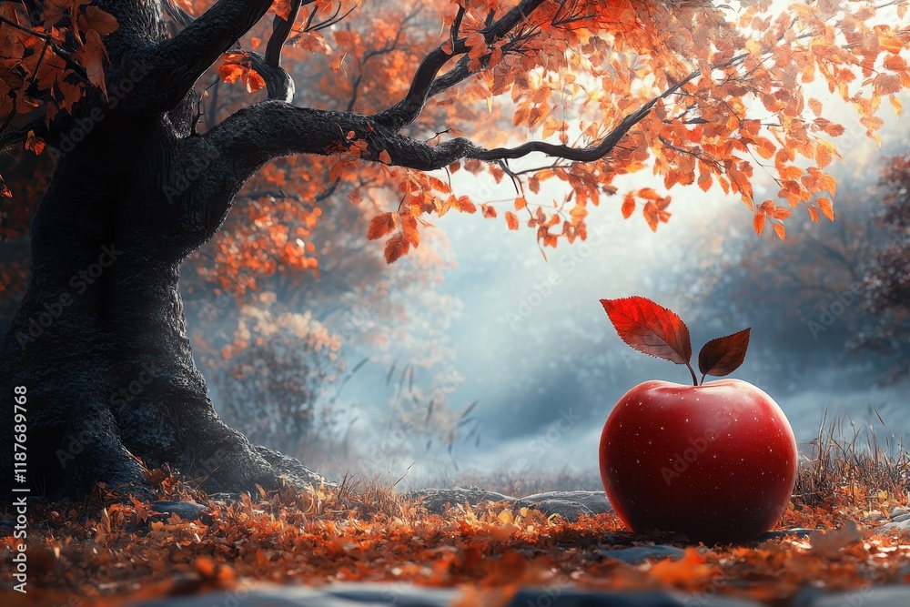 Canvas Prints autumnal scene with a large tree and a single red apple. perfect for fairytale, fantasy, or autumn t