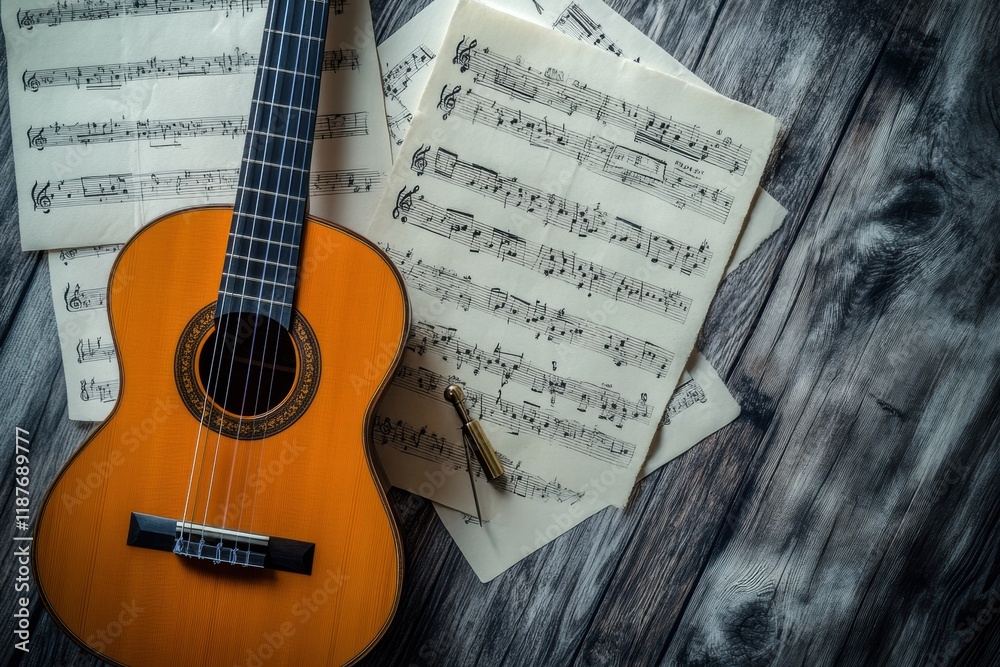 Poster Creating music with an acoustic guitar surrounded by scattered sheet music and a tuning fork on a wooden table. Generative AI