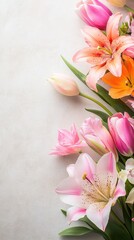 Fototapeta premium Elegant floral arrangement with pastel lilies and tulips on a monochrome background