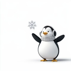 Obraz premium Cute cartoon penguin wearing cozy headphones and a warm scarf, celebrating winter with a snowflake, perfect for seasonal designs and cheerful illustrations.