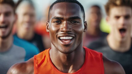 Fototapeta premium Smiling Young Black Male Runner Leading Group of Dynamic Athletes in Vibrant Workout Session Under Bright Sky with Joyful Energy and Motivation