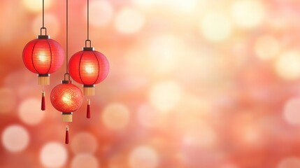 Fototapeta premium Traditional red chinese lanterns with glowing bokeh background