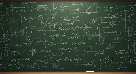 A chalkboard filled with various mathematical formulas, equations , and diagrams related to science and chemistry