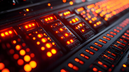 Abstract Close-up of Illuminated Server Racks Glowing Red in a Data Center
