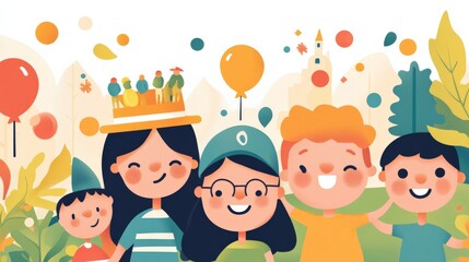 Fototapeta premium Cheerful Group of Children Celebrating Together with Balloons and Festive Decorations in a Colorful and Joyful Atmosphere at a Playful Outdoor Event