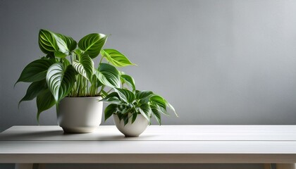 Fototapeta premium ポトスの観葉植物をテーブルに置いた、淡いグレーの背景が柔らかさを引き立てる空間デザイン 