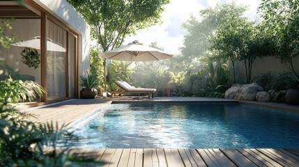 Fototapeta premium Tranquil backyard pool scene with lounge chairs, lush greenery, and modern architecture. Perfect for showcasing luxury real estate, relaxation, or summer vacation themes.