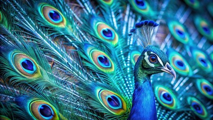 Vibrant blue peacock feathers displayed in stunning close-up detail, showcasing intricate patterns and colors, bird feathers, blue peacock feathers
