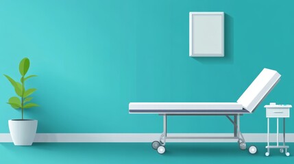 A minimalist medical examination room with a treatment table and a potted plant.