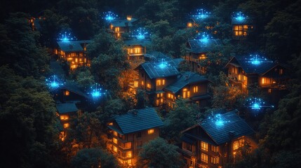 A serene night view of illuminated houses surrounded by trees.